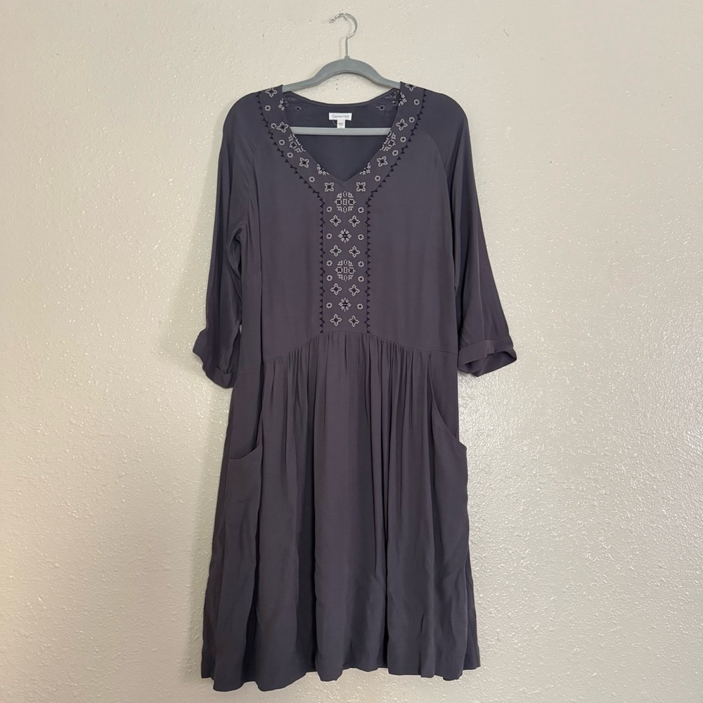 Garnet Hill Grey Embroidered Crepe Boho Long Sleeve Dress